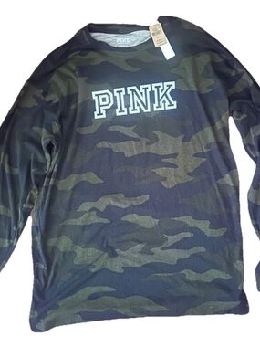 PINK Camo Long Sleeve Tee - Green Camo NWT Size S